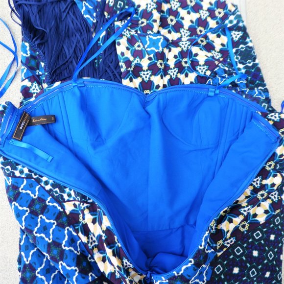 SiLK BCBGMaxAzria Strapless Asymmetrical Dress Enid Fringe Patchwork Boning 4 - Picture 5 of 11